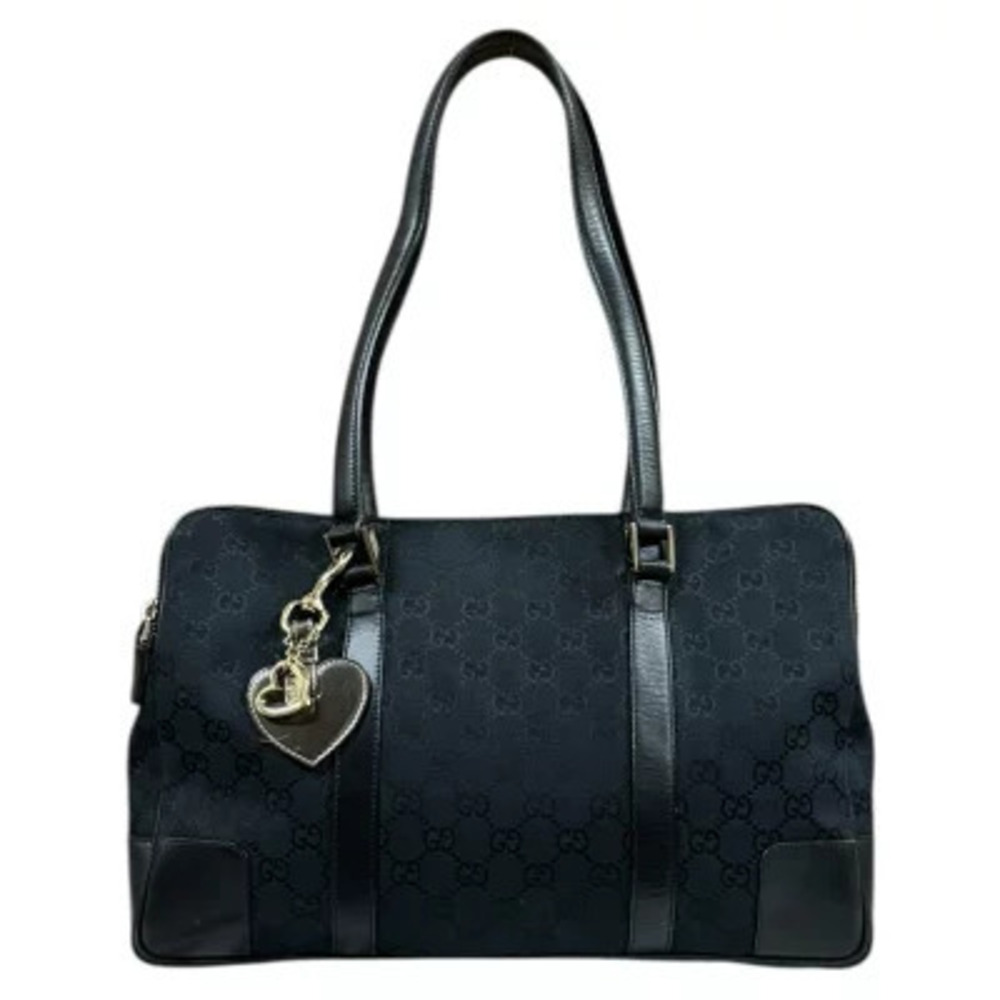 Gucci black GG Canvas Shoulder Bag monogram canvas leather trim heart